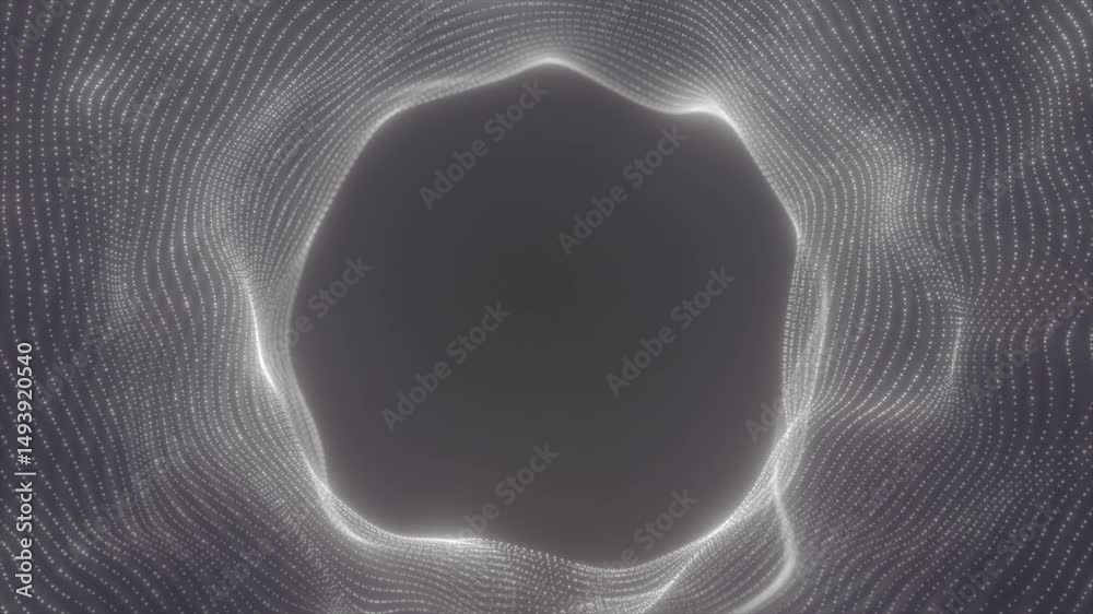 Poster abstract glowing portal with smooth wave-like white dots forming a circular vortex on a dark backgro