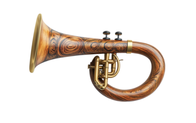 Traditional Bavarian alpine horn featuring intricate detailed woodgrain texture and classic craftsmanship isolated on white background PNG