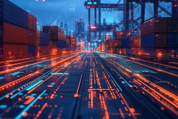 Futuristic blue background with virtual screen showing import tariffs, economic charts, and rising trade growth indicators
