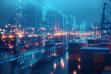 Import tariffs concept with trade growth and economic data visuals on futuristic virtual screen in blue business environment

