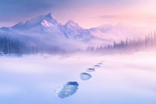 Footprints in the snow leading through a serene winter landscape, towards majestic snow-capped mountains at sunrise.