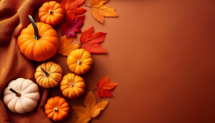 a warm and cozy autumn flat lay featuring vibrant orange and red leaves small pumpkins