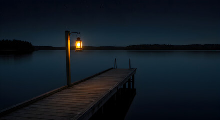 Obraz premium Silent Night At Lake With Lighted Lantern On The Wooden Pier
