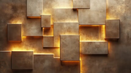 Abstract geometric wall design with warm light illuminating recessed squares