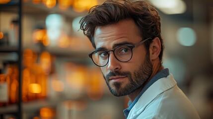 Man in lab coat, serious look