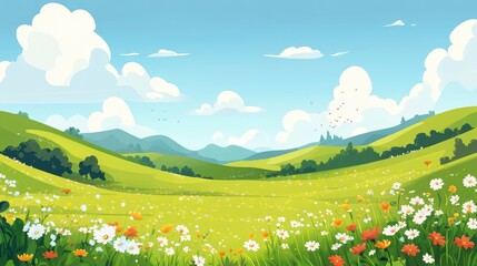 Idyllic sunny landscape with rolling green hills, wildflowers, and a clear blue sky.