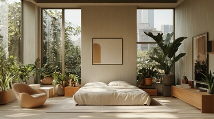 Modern bedroom with natural light and greenery