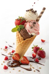 Strawberry Mint Double Scoop Ice Cream Cone Menu Image – Waffle cone with strawberry and vanilla scoops, fresh strawberries, and mint, on a white background for dessert menus