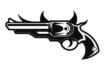 Stylized Revolver with Horns Vector Illustration, Vintage Weapon Design, Minimalist Concept
