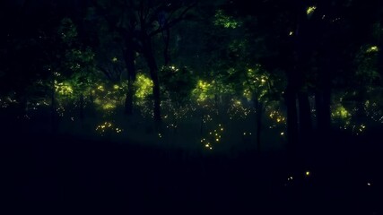 Enchanted forest illuminated by magical fireflies, glowing orbs of light flickering between trees and tall grasses in a dark woodland environment. - Powered by Adobe