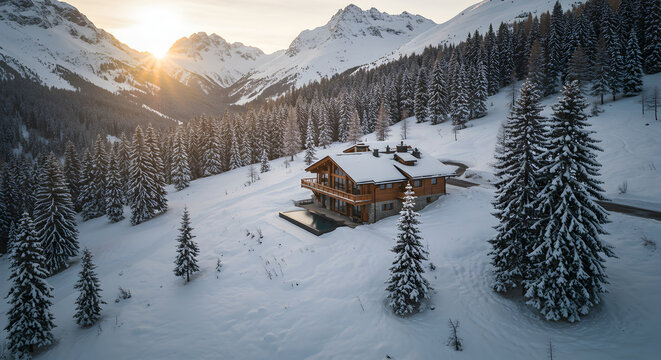 Majestic Winter Chalet In A Snow-Covered Forest During Golden Hour