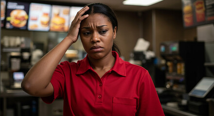 A stressed fast food worker in a red uniform with her hand on her head in a fast food restaurant