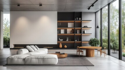 Modern minimalist living room with large windows and dark shelving. 3D Rendering,


