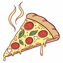 Delicious melted cheese pizza slice with pepperoni and basil