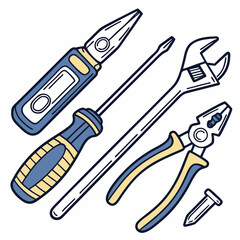 Hand drawn illustration of tools pliers screwdriver wrench nail