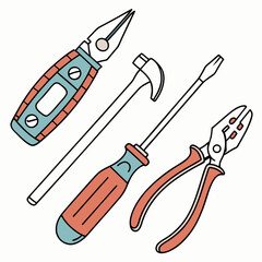 Colorful hand tools illustration set hammer screwdriver pliers needle nose pliers