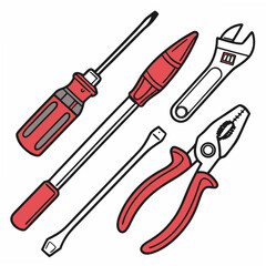 Professional red hand tools set isolated on white background