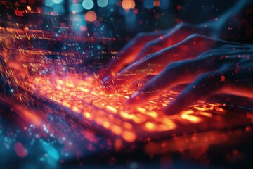 Electric fingers create a smoky atmosphere over a glowing keyboard in a dimly lit room, capturing intense engagement with technology