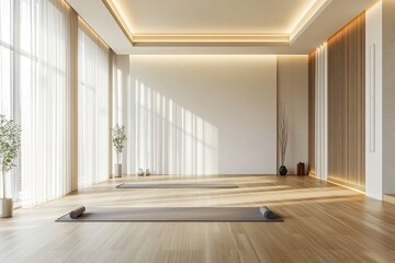 Serene yoga studio, sunlight streaming through sheer curtains