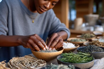 An artisan skillfully mixes various herbal ingredients in a bowl, highlighting the art of herbalism and the deep connections that exist between nature, well-being, and creativity.