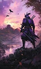 Naklejka premium A solitary samurai stands at the horizon with a katana at dusk by the water's edge