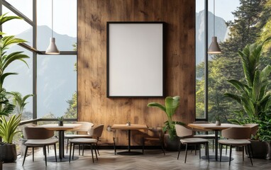 Blank framed poster mockup on wooden wall in modern bright cafe interior with empty tables and mountain view through large windows. 3D Rendering,


