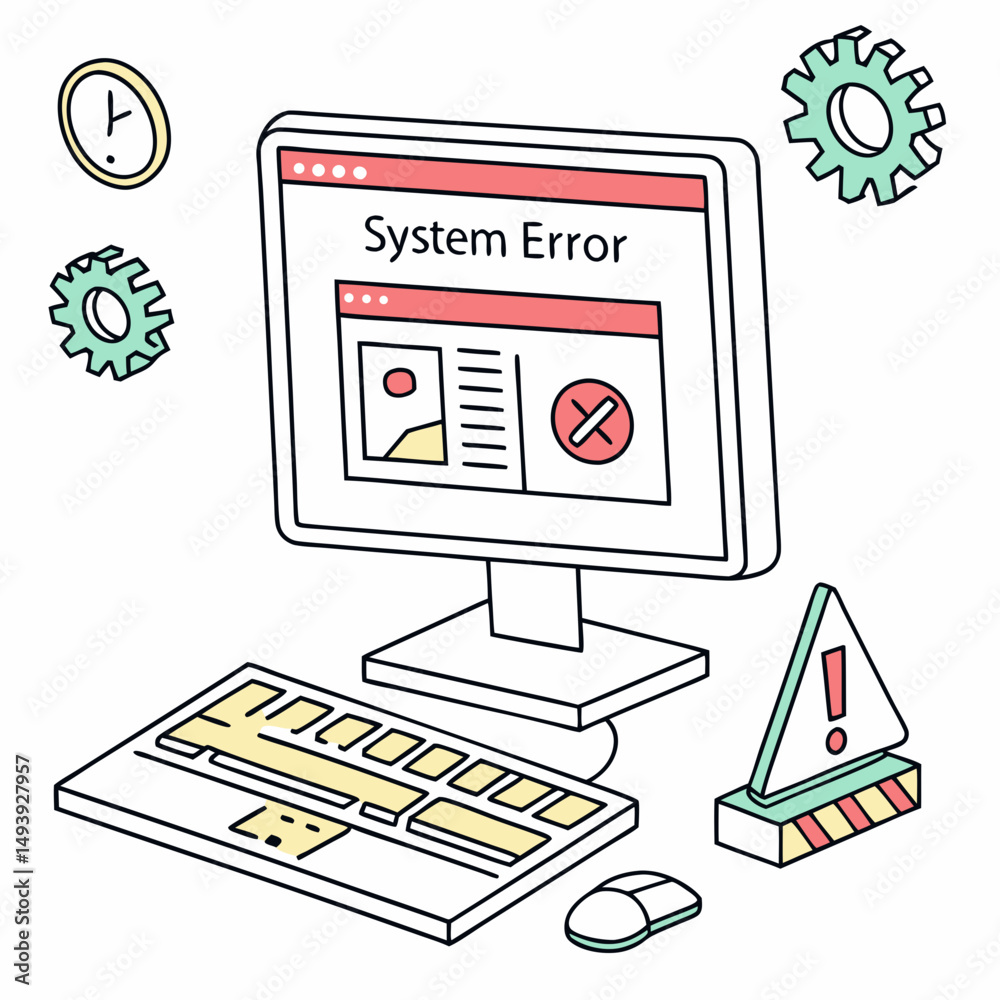 Poster computer system error isometric illustration gears clock keyboard mouse