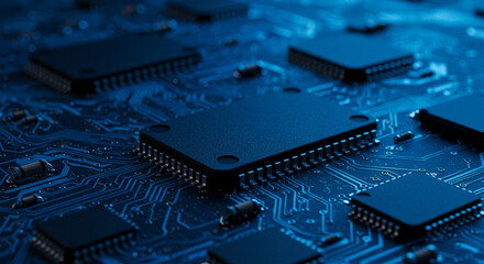 Close up shot of several microchips on a blue circuit board with intricate patterns and connections