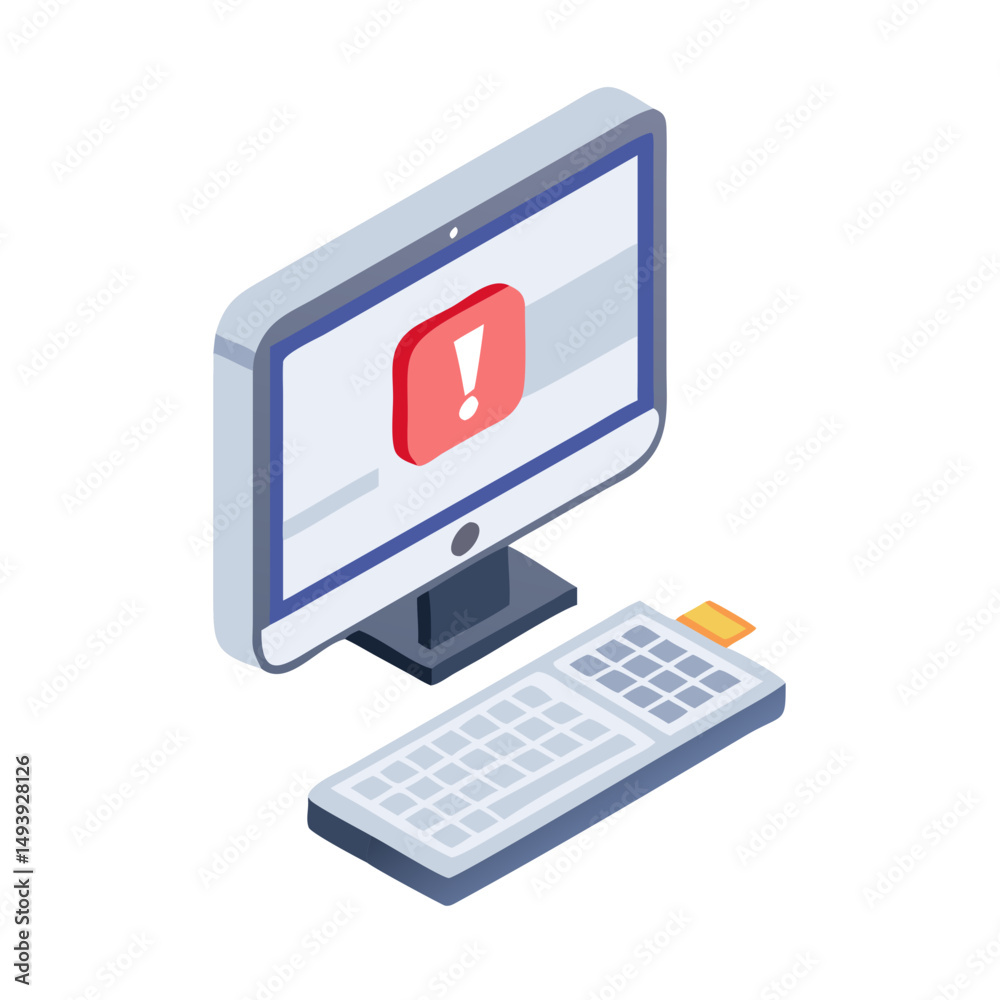 Poster Isometric computer error alert message on screen with keyboard