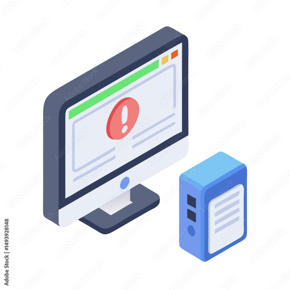 Poster isometric computer error alert system server icon transparent background