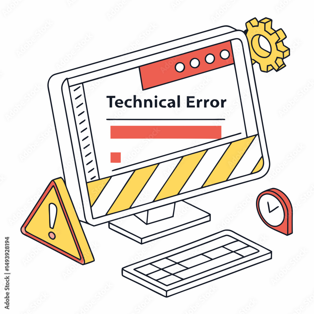 Poster computer screen showing technical error message with warning sign and clock