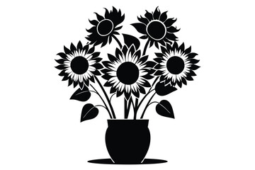 Black Silhouette of Sunflowers in a Pot Floral Vector Graphic Design