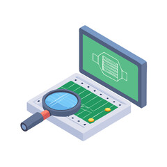 Professional isometric illustration of laptop with magnifying glass on a circuit board