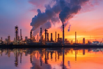 Industrial steel factory at dawn with smoking chimneys, progress