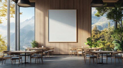 Blank framed poster mockup on wooden wall in modern bright cafe interior with mountain view and empty tables, 3D rendering
