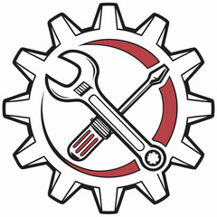 Wrench and screwdriver crossed inside gear industrial repair maintenance