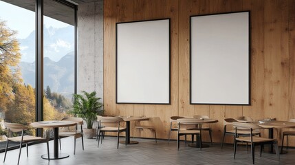Blank framed poster mockup on wooden wall in modern bright cafe interior with mountain view and empty tables, 3D rendering

