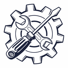 Wrench and screwdriver crossed over gear wheel industrial repair maintenance tools