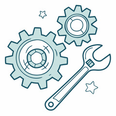 Gears and wrench teamwork collaboration engineering mechanics