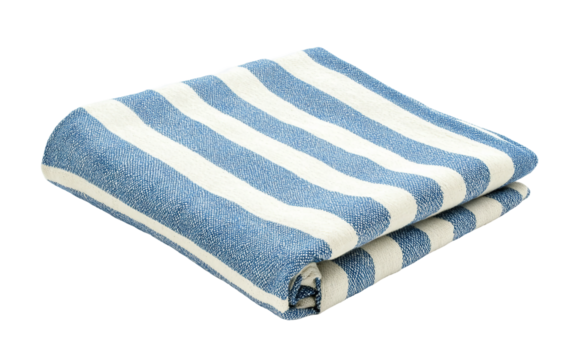 Closeup of a folded tablecloth with blue and white stripes representing classic Oktoberfest celebration decor isolated on white background PNG