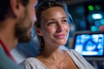 In a tender moment, an expectant couple shares joy during an ultrasound session, signifying the beauty of parenthood and the anticipation of new life.