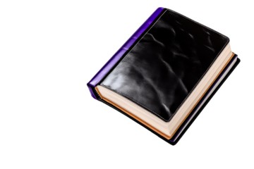 Glossy black book with purple accent, cut out transparent