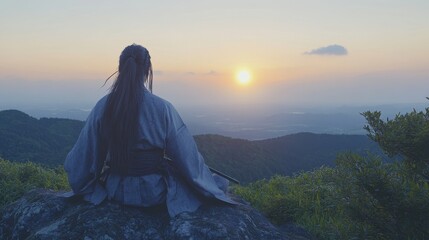 A dramatic sunset serves as the backdrop for a samurai standing before a pagoda-style temple, symbolizing the peaceful and cultural heritage of ancient Japan