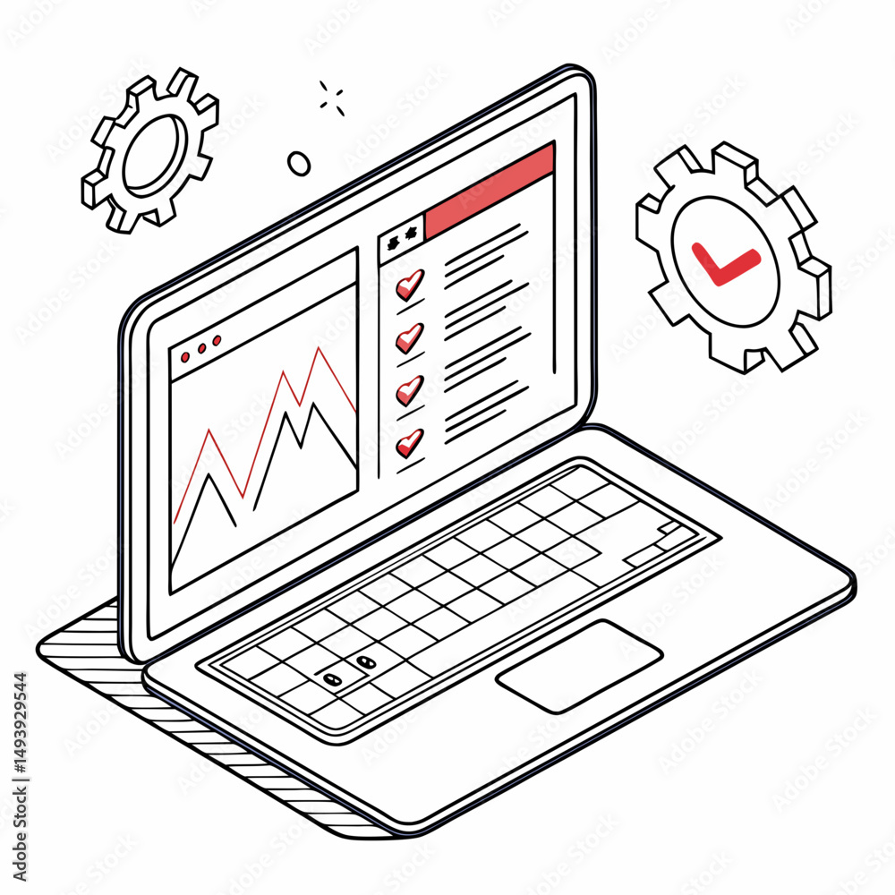 Poster laptop screen displaying graphs charts and checkmarks gears