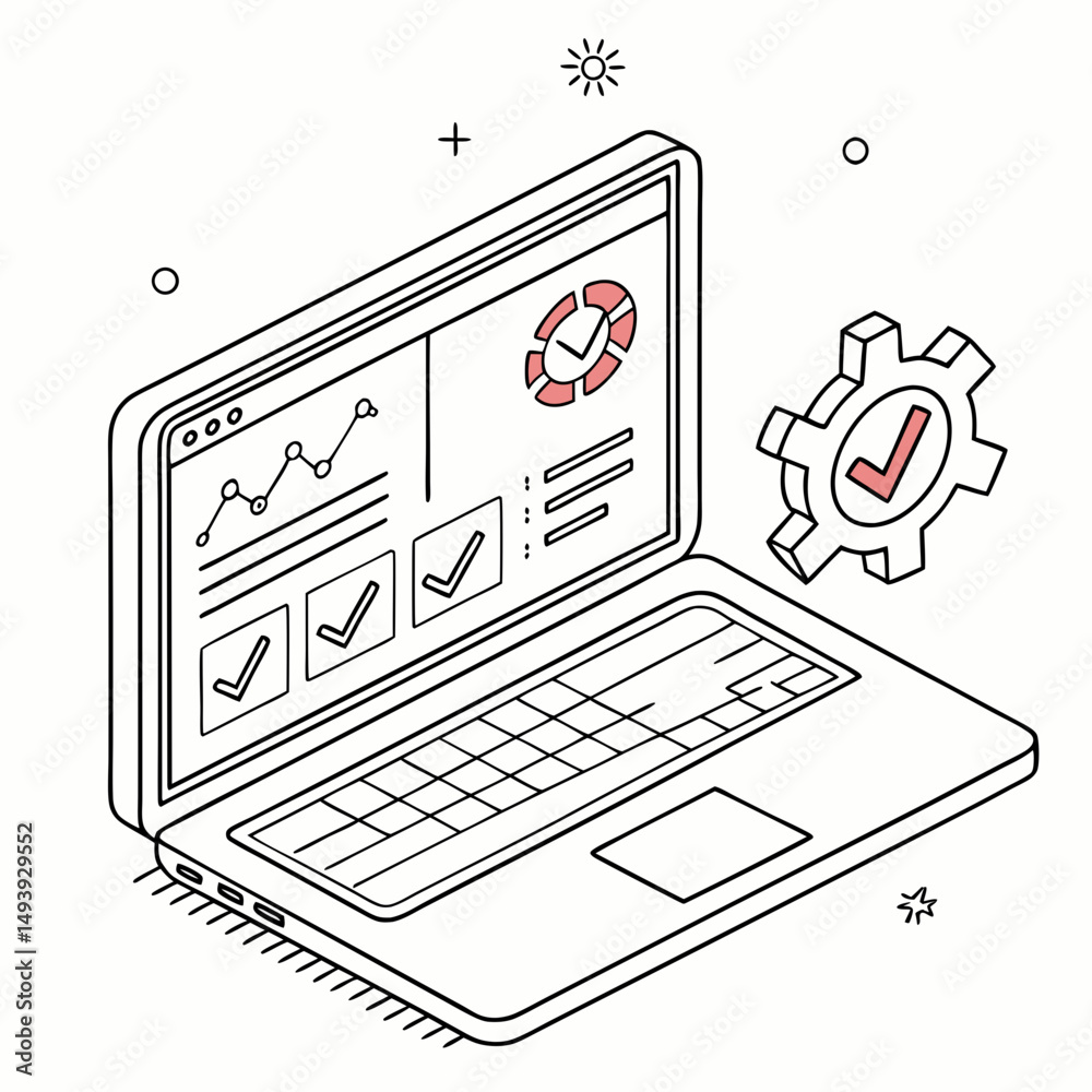 Poster Laptop screen displaying graphs checkmarks and a gear with a checkmark signifying project completion