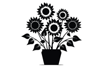 Graphic Black Sunflowers in Pot Silhouette Artwork, Elegant Floral Design Illustration