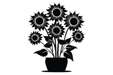 Obraz premium Silhouette of Seven Sunflowers with Leaves in a Pot Black and White Graphic
