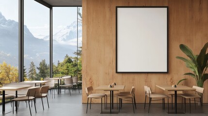 Blank framed poster mockup on wooden wall in modern bright cafe interior with empty tables and mountain view through large windows. 3D Rendering,
