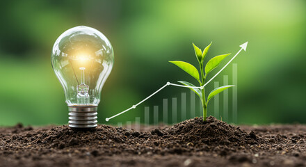 A lightbulb and a plant growing in soil with a rising graph overlayed on a green background outdoors