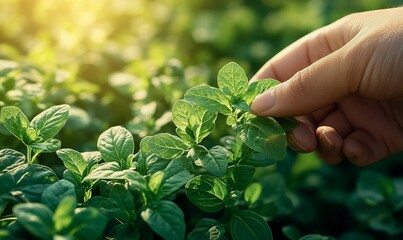 Hand touching green plant leaves